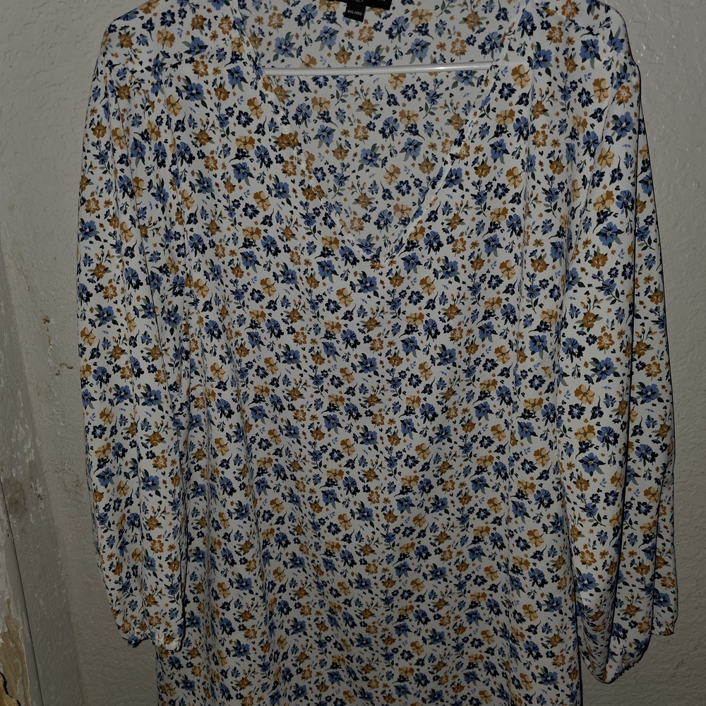 Mario Serrani White Blouse with Blue and Yellow Floral Pattern